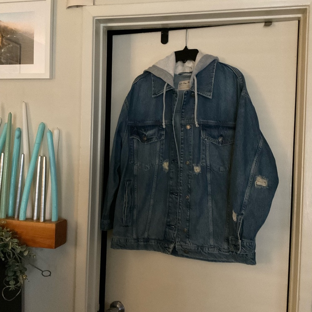 Free People Blue Jean Jacket with Gray Hood